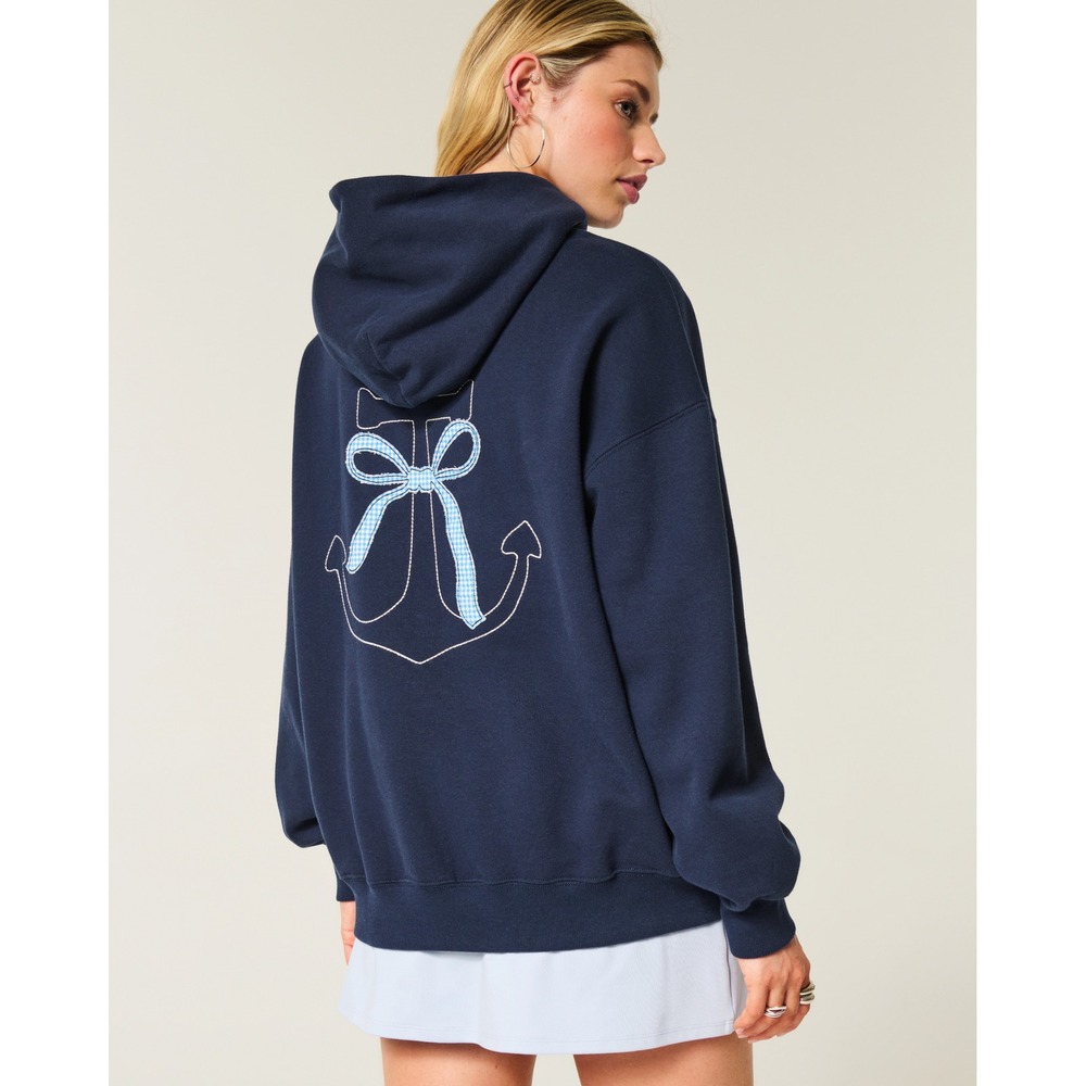 Hollister Womens XL Navy Blue Oversized Hoodie Anchor Gingham Bow Nautical Sweat